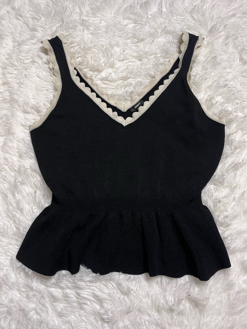 Express Black Knit Tank with Cream Scallop Trim